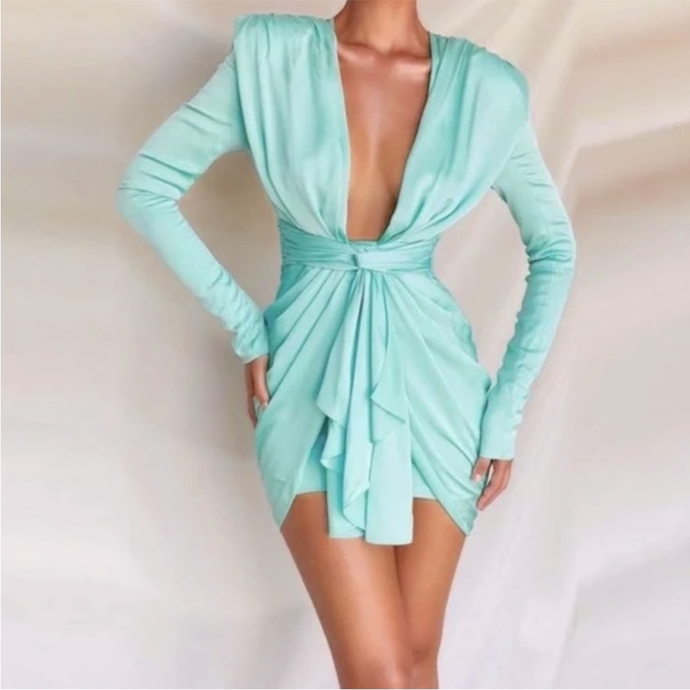 HouseOfCB 1 X 'PASCALE' AQUA DRAPED SATIN MINI DRESS - Size Small